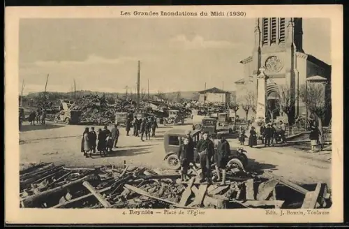 AK Reyniés, Place de l`Église après les Grandes Inondations du Midi 1930