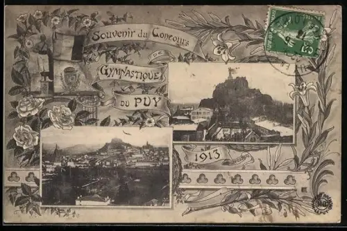 AK Le Puy, Souvenir du Concours de Gymnastique avec vues de la ville et de la statue sur le rocher