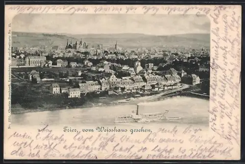 AK Trier, Vom Weisshaus gesehen, Ortspanorama, Dampfschiff