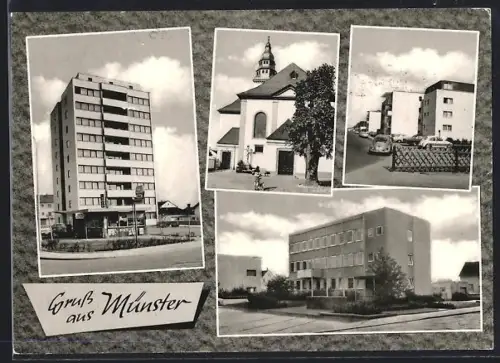 AK Münster /Dieburg, Hochhaus, Kirche, Wohnsiedlung