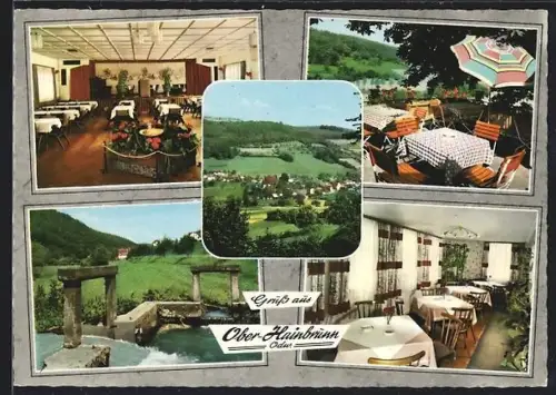 AK Ober-Hainbrunn /Odenwald, Gasthaus und Pension Zur Krone, grosser Saal, Terrasse, Ortsansicht