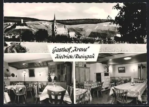 AK Kiedrich /Rheingau, Gasthof Krone, Inh. H. Sonnleitner, Innenansichten, Ortsansicht