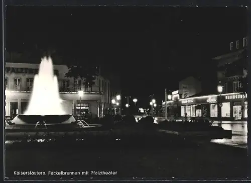 AK Kaiserslautern, Fackelbrunnen, Pfalztheater, Nachtaufnahme