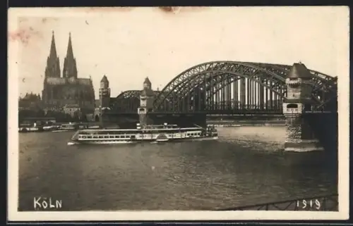 AK Köln, Dom, Hohenzollernbrücke, Rheinschiff, 1919