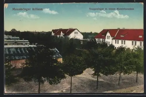 AK Munsterlager in Hann., Truppenlager mit neuen Massivbaracken