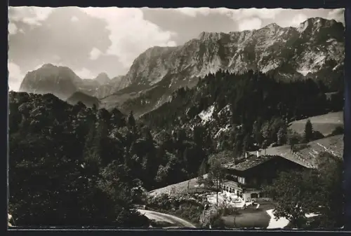 AK Ramsau b. Berchtesgaden, Café Marxen, Alpenpanorama