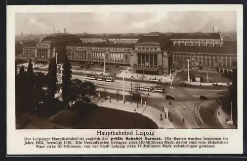 AK Leipzig, Hauptbahnhof aus der Vogelschau, Strasenbahnen