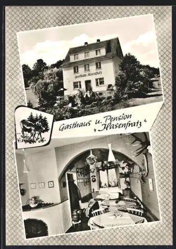 AK Unter-Mossau, Gasthaus und Pension Hasenfratz, Aussenansicht und Gastraum