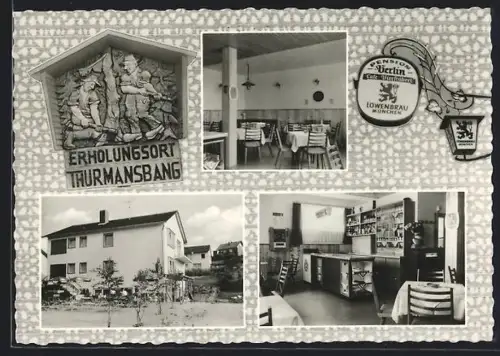 AK Thurmansbang, Café-Pension Berlin, Gastraum, Aussenansicht, Schilder