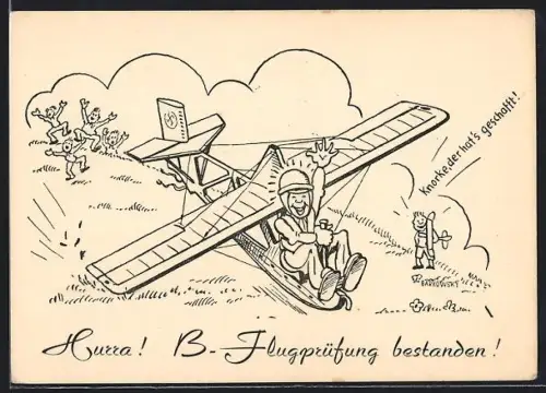 Künstler-AK Segelflugzeug-Pilot nach bestandener B-Flugprüfung, Humorkarte