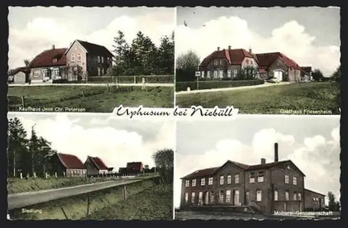 AK Uphusum bei Niebüll, Gasthaus Friesenheim, Kaufhaus Jens Chr. Petersen, Molkerei-Genossenschaft