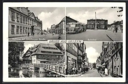 AK Uelzen, Rathaus mit Lüneburger Strasse, Bahnhof, Aussenmühle