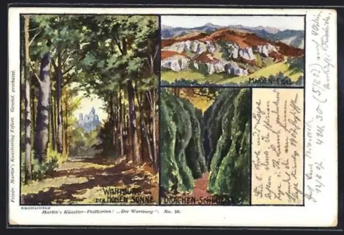 Künstler-AK Eisenach, Wartburg von der Hohen Sonne, Drachen-Schlucht, Marienthal