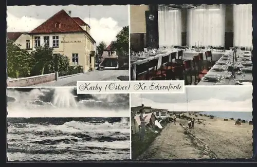 AK Karby Kr. Eckernförde / Ostsee, Blick aufs Bahnhofshotel, Speisezimmer, Meerblick, Partie am Strand
