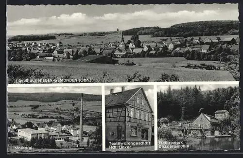 AK Nieder-Gemünden, Totalansicht, Molkerei, Textilwarengeschäft Linker