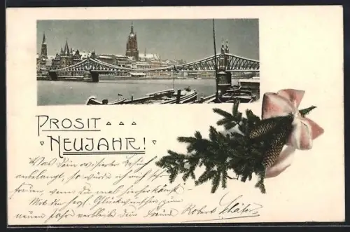 AK Frankfurt a. M., Mainbrücke, Kaiserdom, Ortsansicht, Neujahrsgruss