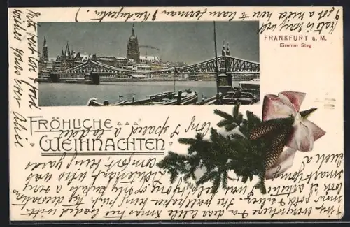 AK Frankfurt a. M., Eisener Steg, Winterliche Altstadt, Weihnachtsgruss