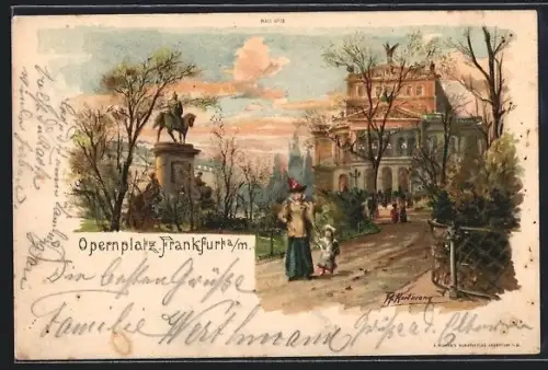 Lithographie Frankfurt a. M., Opernplatz, Alte Oper, Reiterdenkmal