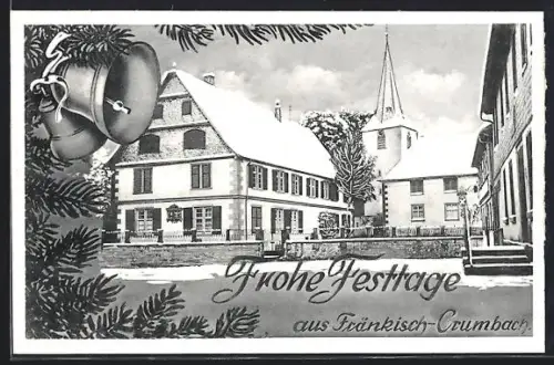 AK Fränkisch-Crumbach, Kirche und verschneiter Ortsplatz, Glocken und Tannenzweige, Festtagsgruss