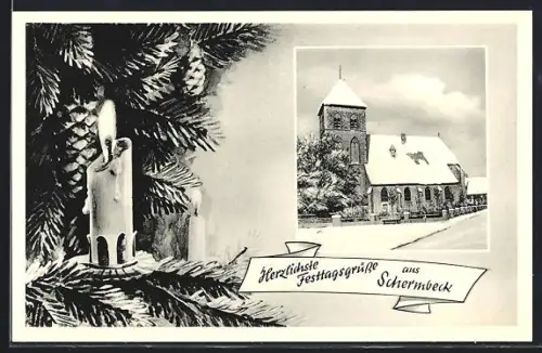 AK Schermbeck, Kirche im Winter, Kerze und Tannenzweige, Festtagsgruss