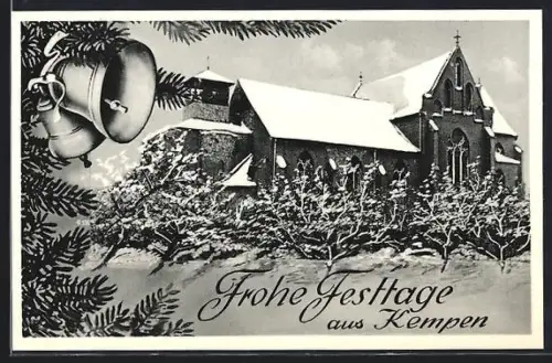 AK Kempen, Verschneite Kirche, Glocken, Tannenzweige