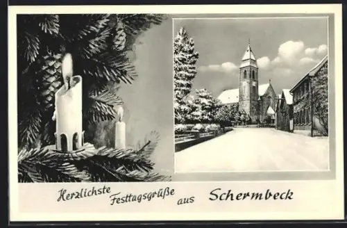 AK Schermbeck, Kirche im Winter, Kerze und Tannenzweige, Festtagsgruss