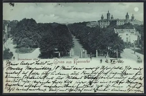 Mondschein-AK Hannover, Herrenhäuser Allee, Schlossansicht