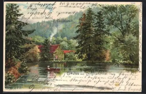 Lithographie Christianental /Harz, Teich mit Boot und Waldhaus