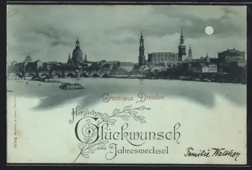 Mondschein-AK Dresden, Ortsansicht mit Brücke und Elbe, Neujahrsgruss