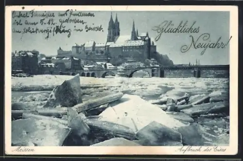 AK Meissen, Aufbruch des Eises, Brücke, Stadt, Neujahrsgruss