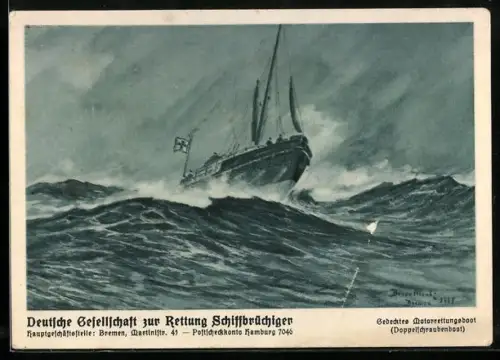 Künstler-AK Gedecktes Motorrettungsboot der DLRG, Doppelschraubenboot, Seenotrettung