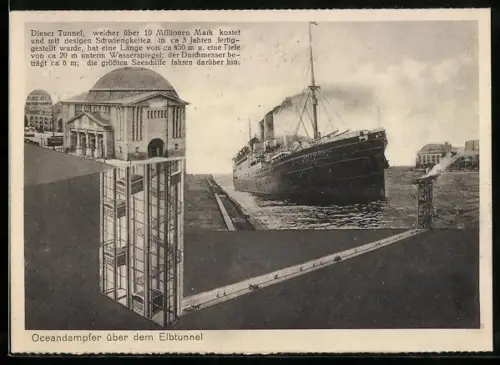 AK Hamburg-Steinwärder, Elbtunnel, Passagierdampfer Cap Finisterre über dem Elbtunnel