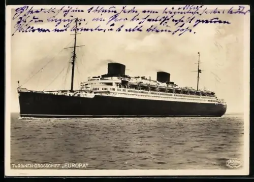AK Turbinen-Grossschiff Europa des Norddeutschen Lloyd Bremen auf See, Passagierschiff