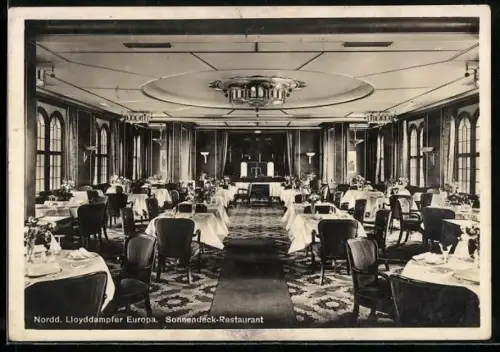 AK Passagierschiff Europa des Norddeutschen Lloyds, Innenansicht des Sonnendeck-Restaurants
