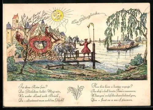 Künstler-AK Herzkutsche wartet auf Fähre, Glockenabend auf Passagierschiff Milwaukee