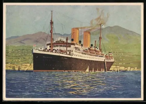 AK Doppelschraubendampfer Sierra Ventana des Norddeutschen Lloyd Bremen ankert vor der Küste, Passagierschiff