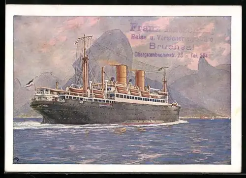 Künstler-AK Hans Bohrdt: Rio de Janeiro, Passagierschiffes Sierra Ventana bei Einfahrt in den Hafen