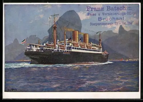 Künstler-AK Hans Bohrdt: Rio de Janeiro, Doppelschrauben-Passagierschiff Madrid fährt in den Hafen ein