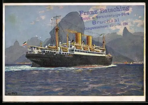 Künstler-AK Hans Bohrdt: Rio de Janeiro, Doppelschrauben-Dampfer Sierra Cordoba fährt in den Hafen ein, Passagierschiff