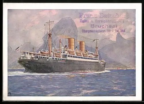 Künstler-AK Rio de Janeiro, Doppelschrauben-Passagierschiff Sierra Ventana fährt in den Hafen von Rio de Janeiro ein