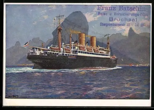 Künstler-AK Hans Bohrdt: Rio de Janeiro, Doppelschrauben-Dampfer Madrid fährt in Hafen ein, Passagierschiff