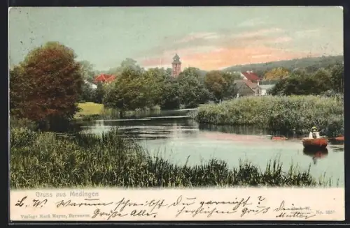 AK Medingen /Lüneb. Heide, Flusslandschaft mit Kirche und Boot