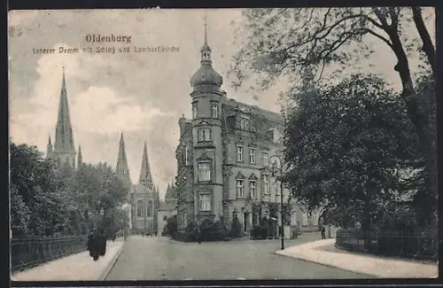 AK Oldenburg, Innerer Damm mit Schloss und Lambertikirche
