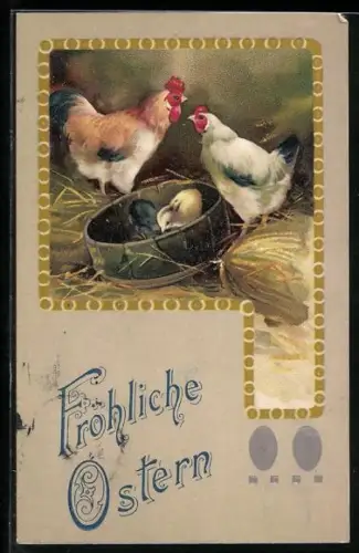 Präge-AK Hühnerpaar mit Osterküken, Ostergruss