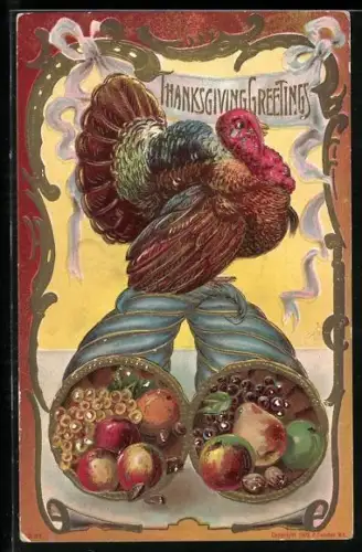Präge-AK Truthahn auf Füllhorn mit Früchten, Thanksgiving