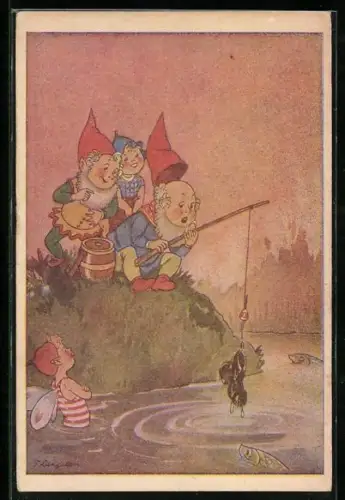 AK Zwerge angeln einen Schuh, Fische sehen zu