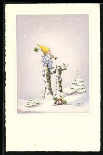 AK Musizierender Zwerg mit Kleeblatt u. Hufeisen im Schnee