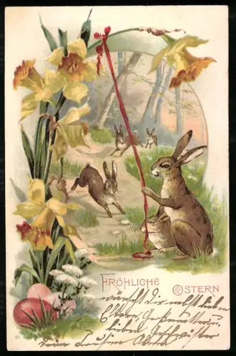 Lithographie Osterhasen hoppeln durch den Wald, Ostergruss
