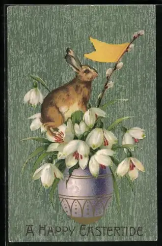 Präge-AK Osterhase mit Schneeglöckchen und Weidenkätzchen