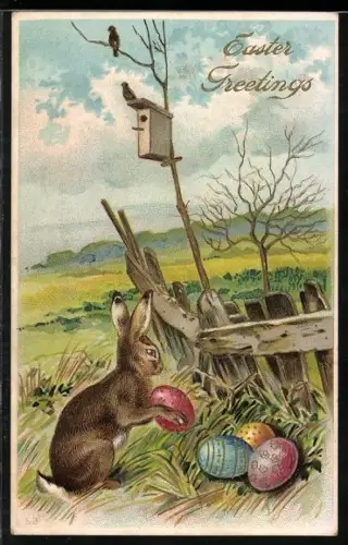 Präge-AK Osterhase mit bemalten Eiern am Gartenzaun